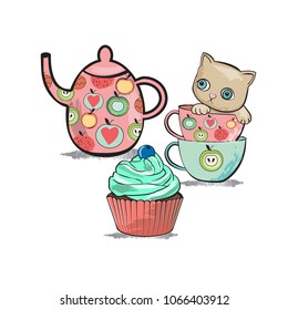 Cute cat in a dotted cup. Vector illustration in a hand-drawn style.