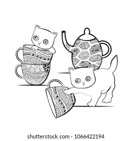 Cute cat in a dotted cup. Vector illustration in a hand-drawn style.?oloring book.