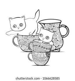 Cute cat in a dotted cup. Vector illustration in a hand-drawn style.