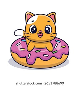 Cute Cat With Doughnut Cartoon Vector Icon Illustration. Animal Food Icon Concept Isolated Premium Vector. Flat Cartoon Style