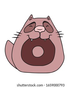 Cute cat with a doughnut in his mouth. Design of banners and postcards. Sticker. Isolated vector design for online communications, networks, social networks, web design, mobile messages.animals