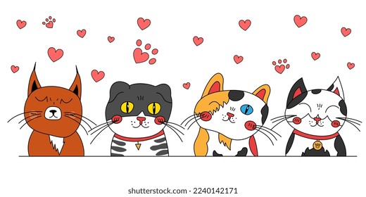 Cute cat. Draw character collection funny cat for Valentines day. Kitten Doodle cartoon style. Vector illustration.