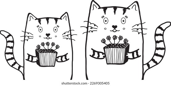 Cute cat drawing vector. Cute cat with a gift. Cat sketch. Cat vector. Happy birthday gift card.