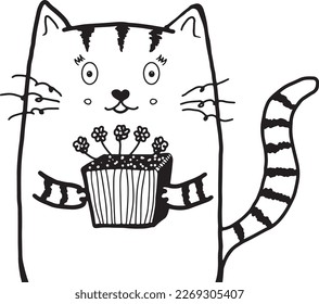 Cute cat drawing vector. Cute cat with a gift. Cat sketch. Cat vector. Happy birthday gift card.