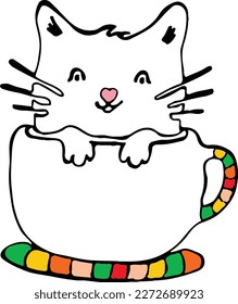 Cute cat drawing vector  Cute cat and gift  Cat sketch  Cat vector  The kitten sits in cup  Kitten in cup  Kitten in basket  