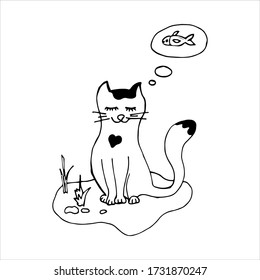 
Cute cat drawn by hand. White cat with a black spot in the shape of a heart, feline dreams. Cat entertainment. Vector illustration in doodle style. Isolate on a white background.