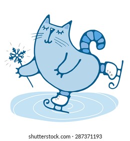 Cute cat drawn skating on ice winter simple drawing for embroidery, applique, or element of design Vector