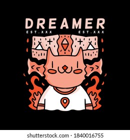 Cute cat with dreamer typography doodle illustration for poster, sticker, or apparel merchandise.With vaporwave/synthwave style, aesthetics of 80s.