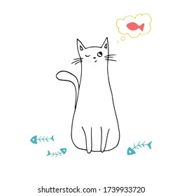 El gato dulce soñaba con peces. Ilustración dibujada a mano por vectores.