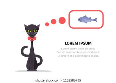 Cute cat dreaming about fish. Flat style illustration. Character design.