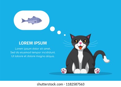 Cute cat dreaming about fish. Flat style illustration. Character design.