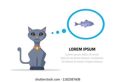 Cute cat dreaming about fish. Flat style illustration. Character design.