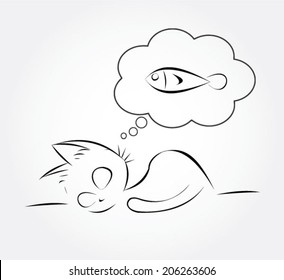 cute cat dreaming about fish - sketch drawing 