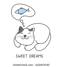 A cute cat is dreaming of a fish, sweet dreams hand drawn style, Cute cartoon funny animal character.