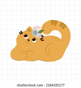 Cute cat dreams in flowers. Isolated concept of pet food icon on checkered background. Flat cartoon style for baby shower, baby store, books