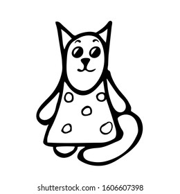 Cute cat in a dress drawn in doodle style. The item is drawn by hand. Print for coloring, t-shirt, cup, baby clothes. Black cute cartoon. Vector illustration on a white isolated background.
