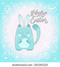 Cute cat dressed in Easter bunny rabbit costume ears. Happy Easter. Text message. Holiday pattern, easter eggs. 