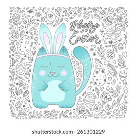 Cute cat dressed in Easter bunny rabbit costume ears. Happy Easter. Text message. Floral pattern, easter eggs. 