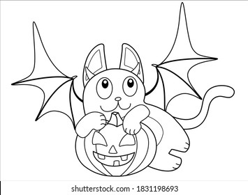 Cute gato vestido como un embustero volador con una calabaza en sus garras - imagen lineal vectorial para colorear. Foto de Halloween - un gato con la linterna de Jack y alas de murciélago - un elemento para colorear. Esquema.