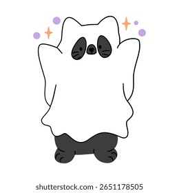 Cute cat dressed as a ghost with sparkling accents, isolated on white. Perfect for adorable Halloween designs