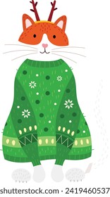 Cute cat dressed in green Christmas sweater, festive outfit with reindeer antlers. Holiday season, cheerful feline character celebrating. Adorable kitty in cozy winter clothes, cartoon animal