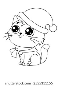 Cute cat dressed in a scarf in a Santa hat - vector linear picture for coloring. Outline. Cat celebrates Christmas coloring.