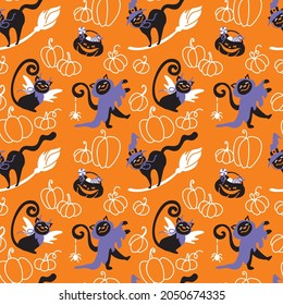 Cute cat dressed in a witch and ghost costume. Halloween party. Kids illustration texture for fabric, wrapping, textile, wallpaper, apparel. Seamless pattern. Vector.