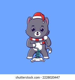 un lindo gato perforando un agujero con un helado en un lago helado