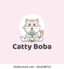 Cute cat drink boba logo design. Cat cute kawaii illustration.