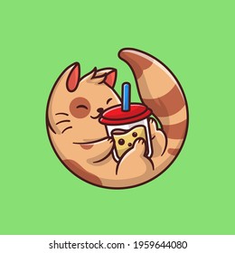 Cute Cat Drink Boba Milk Tea Cartoon Vector Icon Illustration. Animal Drink Icon Concept Isolated Premium Vector. Flat Cartoon Style