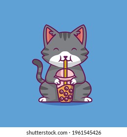 cute cat drink boba milk tea cartoon illustration The Concept of Isolated Technology. Flat Cartoon Style Suitable for Landing Web Pages, Banners, Flyers, Stickers, Cards