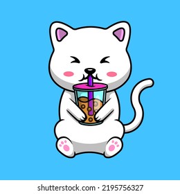 Cute Cat Drink Boba Milk Tea Cartoon Vector Icon Illustration. Flat Cartoon Concept