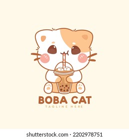 Bebida de gato lindo boba de té de leche dibujos animados a mano logotipo kawaii 