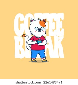 Cute cat drink coffee cartoon illustration, flat cartoon style