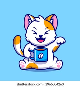 Cute Cat Drink Coffee Cup Cartoon Vector Icon Illustration. Animal Drink Icon Concept Isolated Premium Vector. Flat Cartoon Style