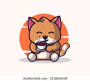 Cute Cat Drink Coffee Cup Cartoon Vector Icon Illustration. Animal Drink Icon Concept Isolated Premium Vector. Flat Cartoon Style