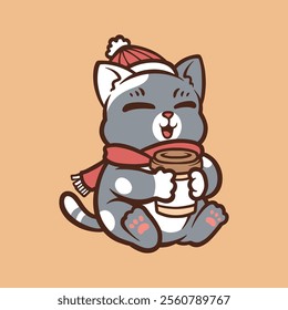 cute cat drink a cup of coffee in winter and new year cartoon vector icon illustration isolated