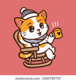 cute cat drink a cup of hot chocolate in winter and new year cartoon vector icon illustration isolated