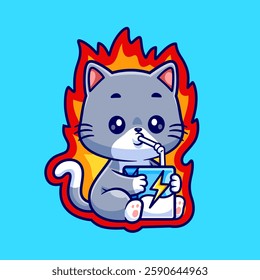 Cute Cat Drink Energy Drink Cartoon Vector Icon Illustration. Animal Drink Icon Concept Isolated Premium Vector. Flat Cartoon Style