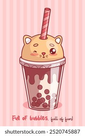 Cute cat drink. Funny glass of Bubble Tea with straw. Cartoon kawaii character. Vector illustration. Kids collection