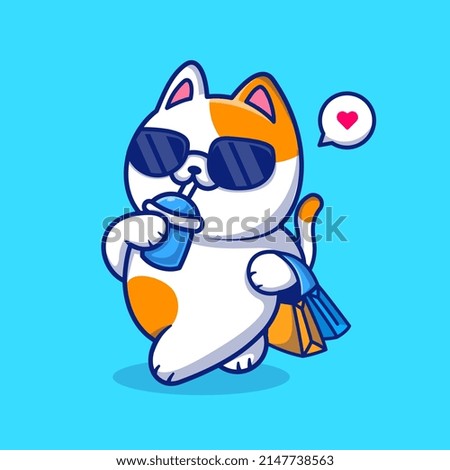Cute Cat Drink And Holding Bag Cartoon Vector Icon Illustration. Animal Holiday Icon Concept Isolated Premium Vector. Flat Cartoon Style