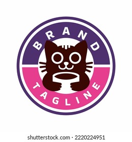 Cute Cat Drink Logo Design On Circle Frame