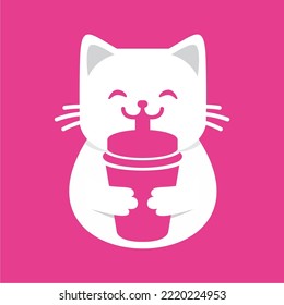 Cute Cat Drink Logo Design On Pink Background