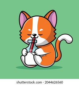 Cute Cat Drink Milk Cartoon Vector Icon Illustration. Animal Drink Icon Concept Isolated Premium Vector. Flat Cartoon Style