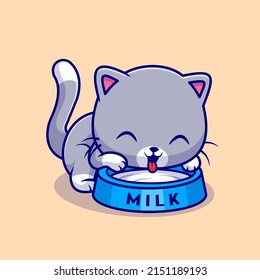 Cute Cat Drink Milk Cartoon Vector Icon Illustration. Animal Drink Icon Concept Isolated Premium Vector. Flat Cartoon Style