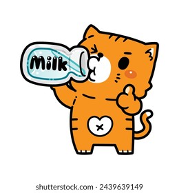 Cute Cat Drink Milk Cartoon Vector Illustration. Flat Cartoon Style