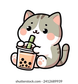 gato lindo beber leche té boba caricatura