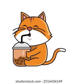 Cute Cat Drinking Boba, I made it on August 21, 2024, from a sketch on paper that I digitized in Adobe Illustrator with resolution 9233x9233 Pixels