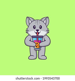 Cute cat Drinking Boba milk tea. Animal cartoon concept isolated. Can used for t-shirt, greeting card, invitation card or mascot.