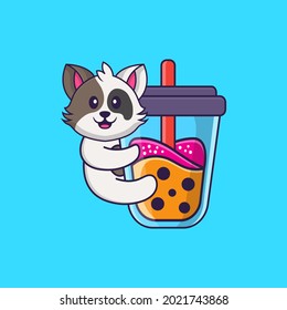 Cute cat Drinking Boba milk tea. Animal cartoon concept isolated. Can used for t-shirt, greeting card, invitation card or mascot.